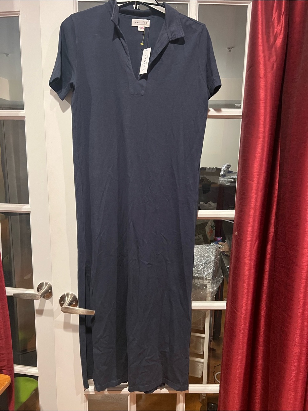 Velvet Navy Polo-Collar Maxi Dress